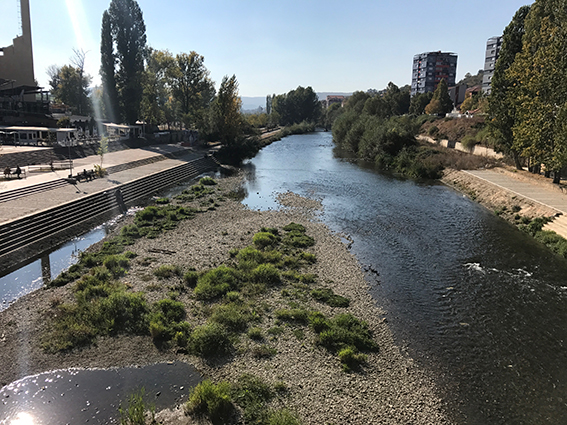 The Ibar River in Mitrovica, Kosovo with the Albanian South on the left and Serb North on the right