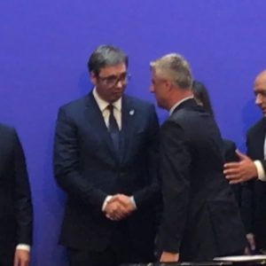 Serbian President Aleksandar Vucic (left) and Kosovo President Hashim Thaci (right) shaking hands at the 2018 EU-Western Balkans Summit in Sofia, Bulgaria